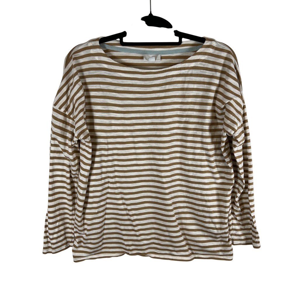 J. Jill Striped Cotton Long Sleeve Tee Brown White Boat‎ Neck Petite Medium